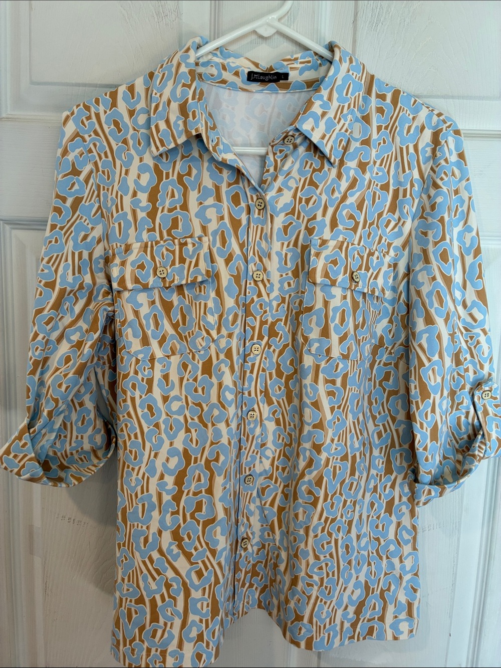 J.McLaughlin Size Large Light Blue and Tan Printed Button-Down Shirt
